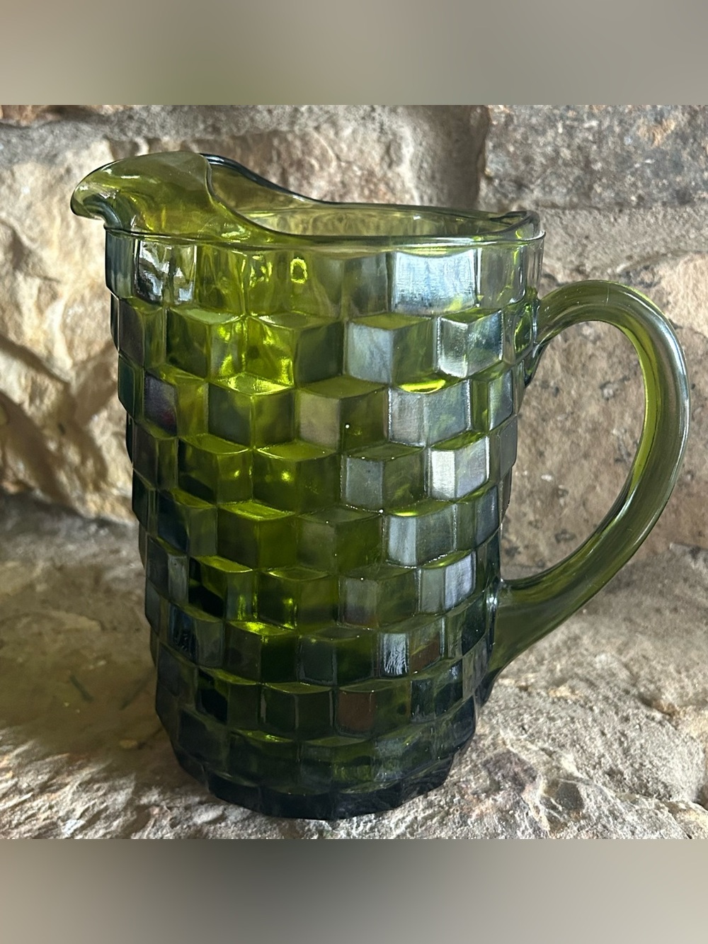 Sold——Vintage Indiana Glass “Avocado Green” Whitehall Pitcher